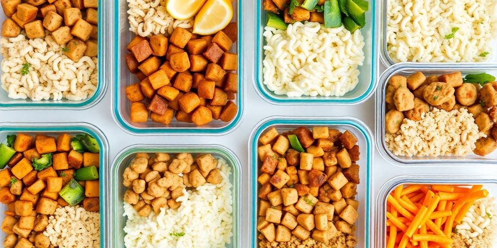Colorful meal prep containers filled with healthy food.