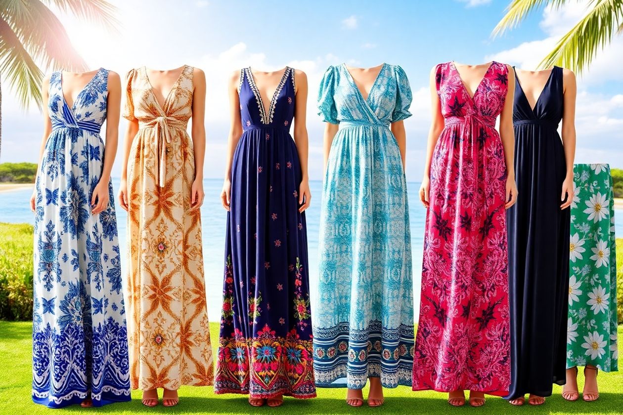 Colorful maxi dresses with sleeves in a beautiful outdoor setting.