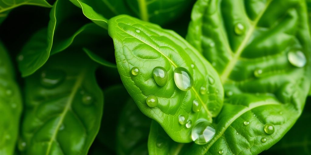 Fresh spinach leaves with water droplets.