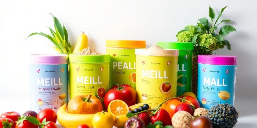Colorful meal replacement powders with fruits and vegetables.