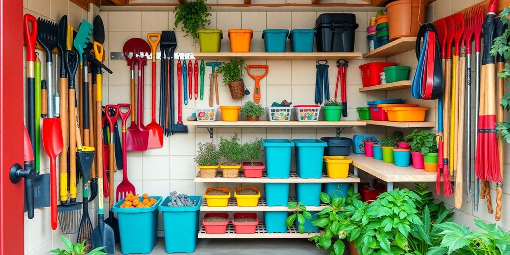 Organized garden shed with colorful tool storage solutions.