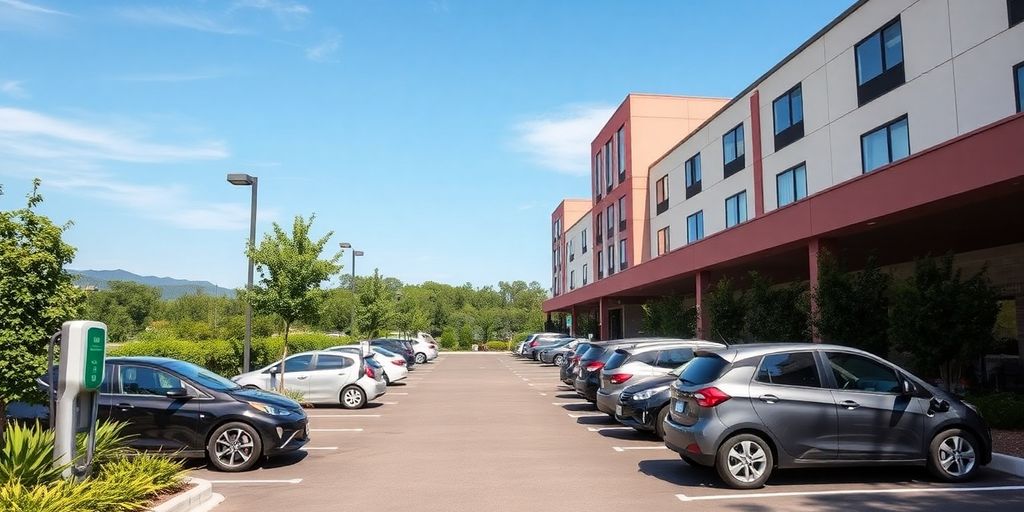 Electric vehicles charging at a hotel parking lot.
