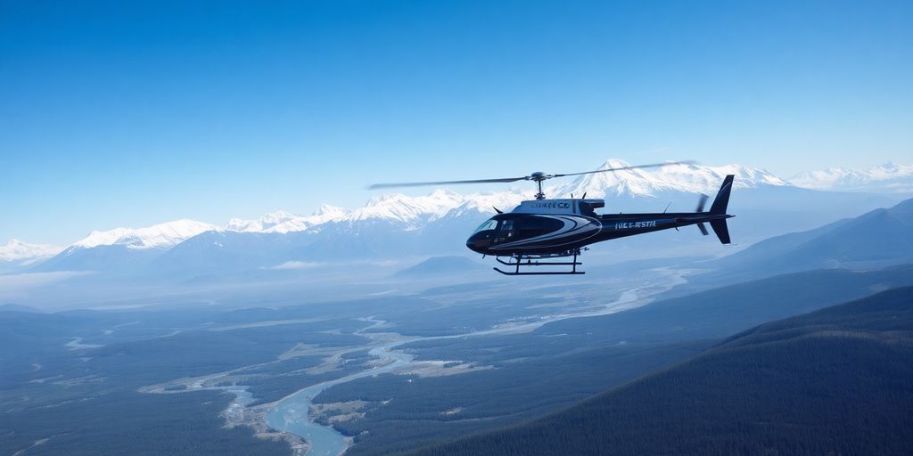 A helicopter flies over a vast, snowy Alaskan mountain range.