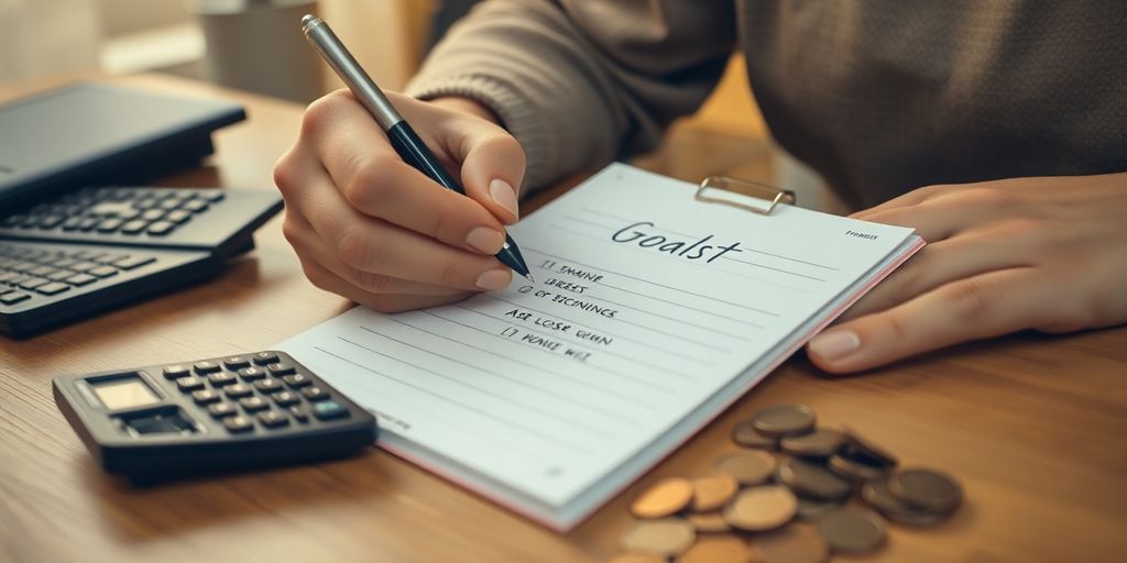 Pessoa a definir metas financeiras num caderno.