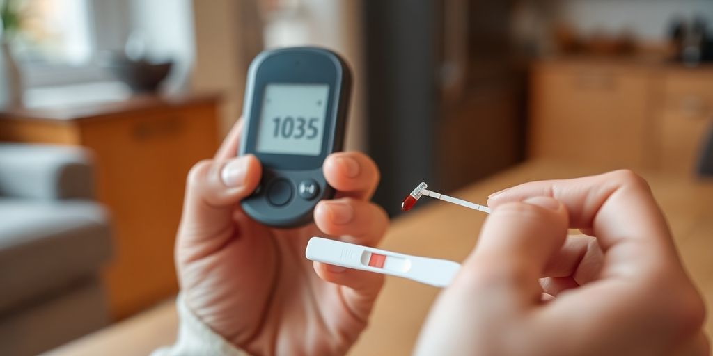 Man checking blood sugar at home.