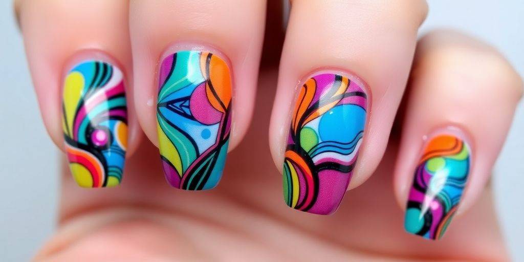 Unhas de gel com desenhos abstratos coloridos e delicados.