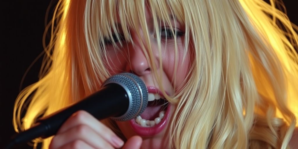 Sia singing emotionally, hair obscuring face.