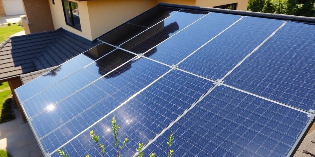 Panneaux solaires sur un toit, au-dessus d'une maison louée.