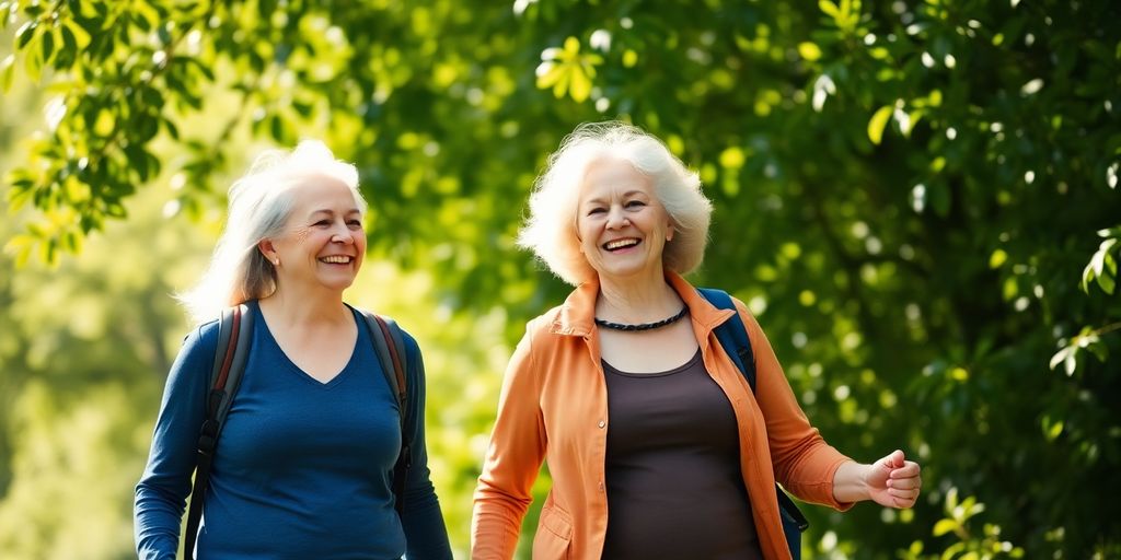 Active senior couple walking in nature, smiling and happy.