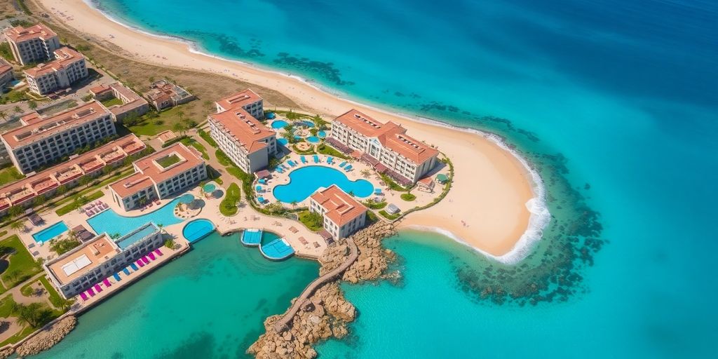 Vista aérea de Marquis Los Cabos con piscinas y playa.