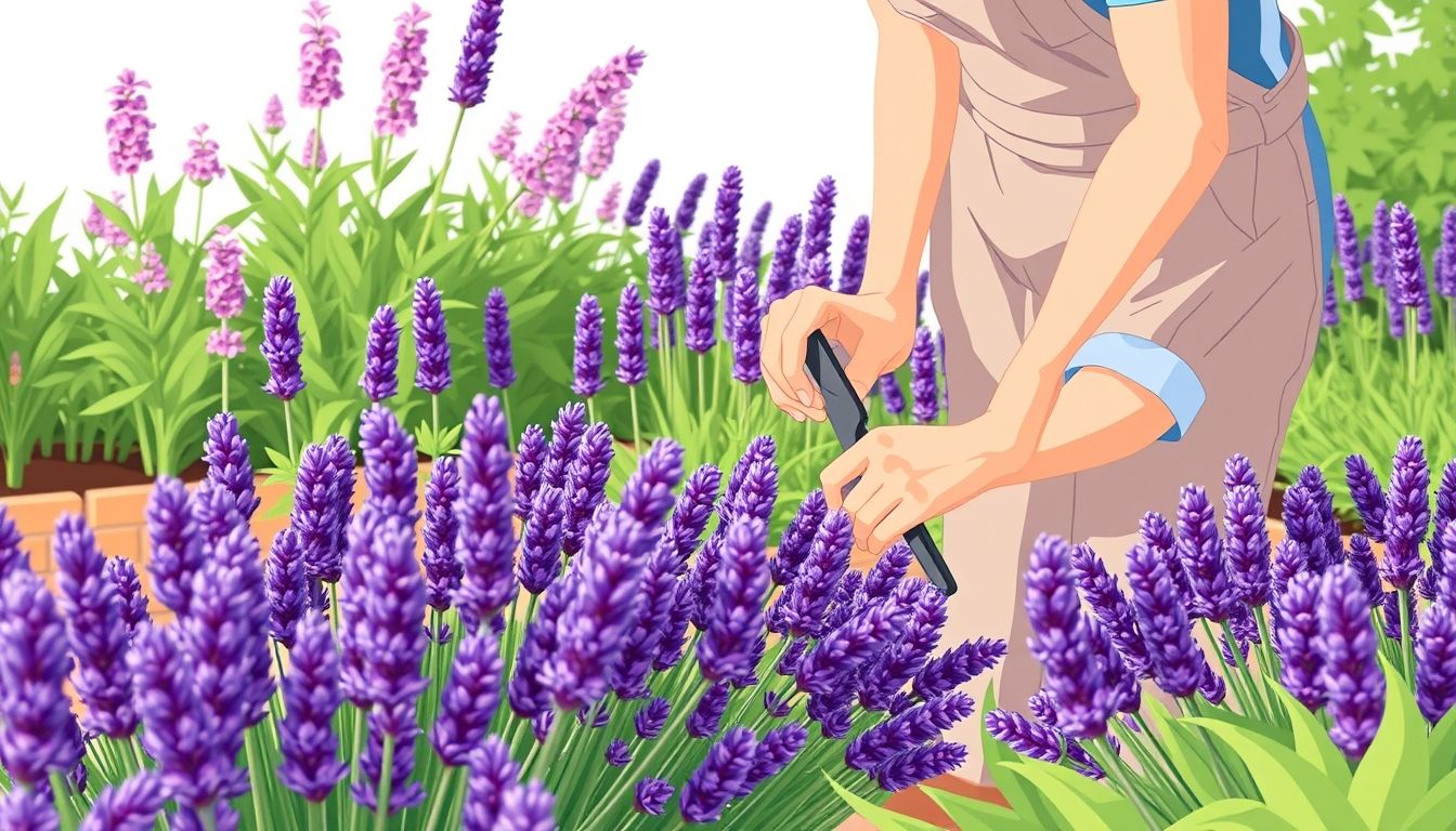 Gardener pruning lavender in a blooming garden.