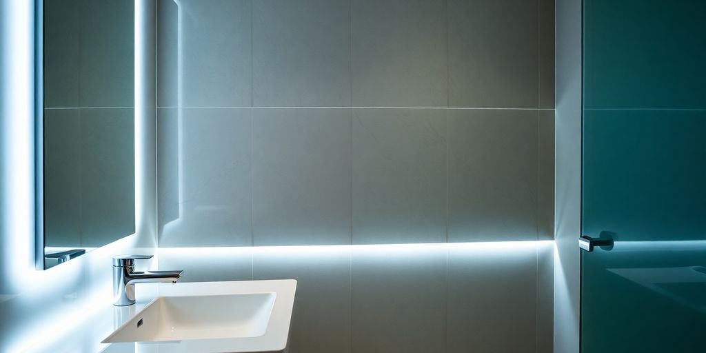 Modern bathroom with illuminated backsplash.