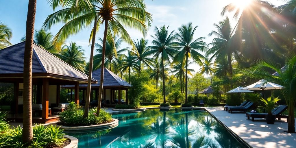 Boutique resort in Thailand with lush greenery and bungalows.