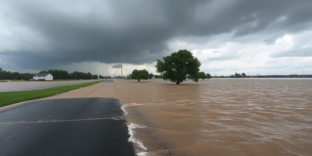 Route partiellement submergée par des eaux troubles, ciel menaçant.