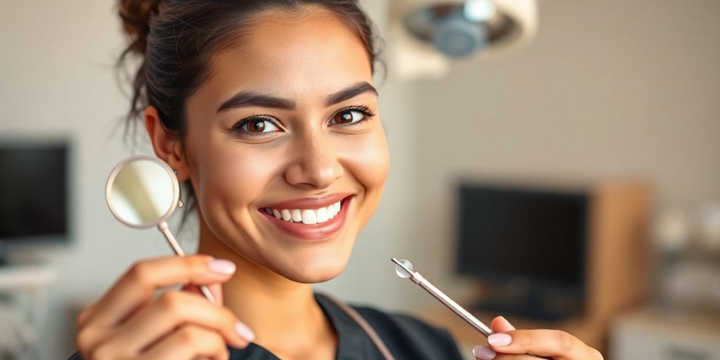 Smiling dental assistant with instruments and bright lighting.