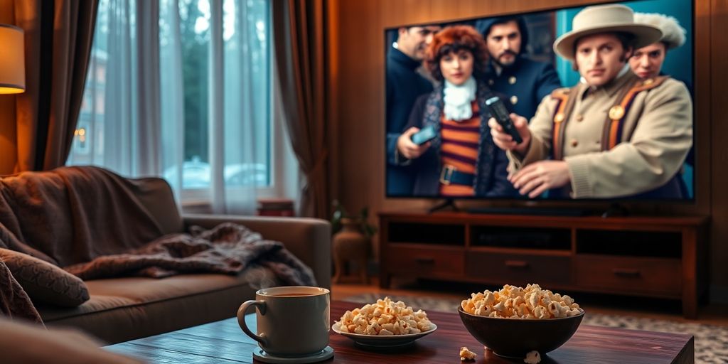 Person on sofa watching TV showing historical figures in costume.