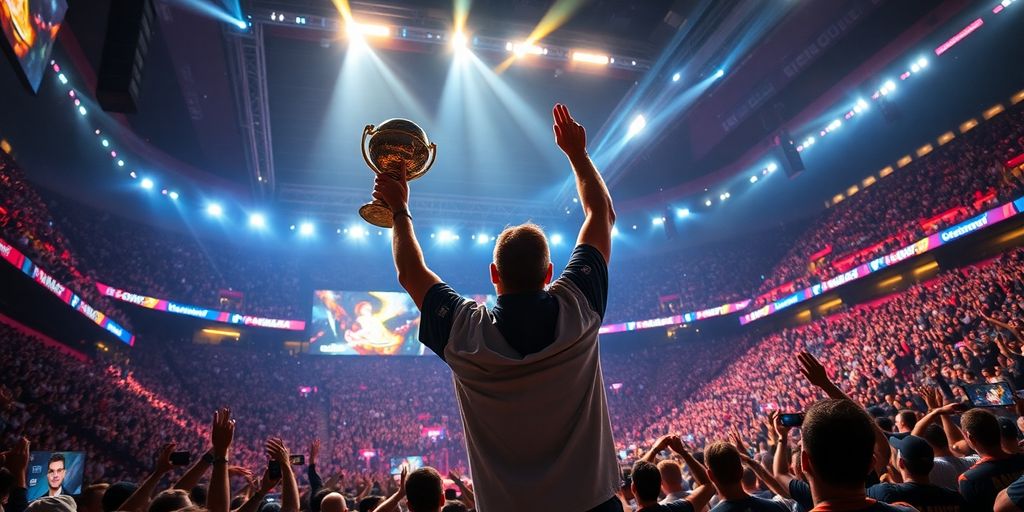 Esports champion holding trophy under stadium lights