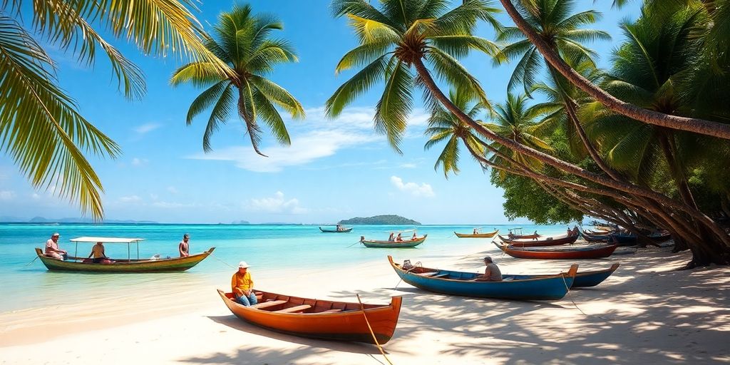 Beautiful beach in Koh Samui with palm trees and boats.
