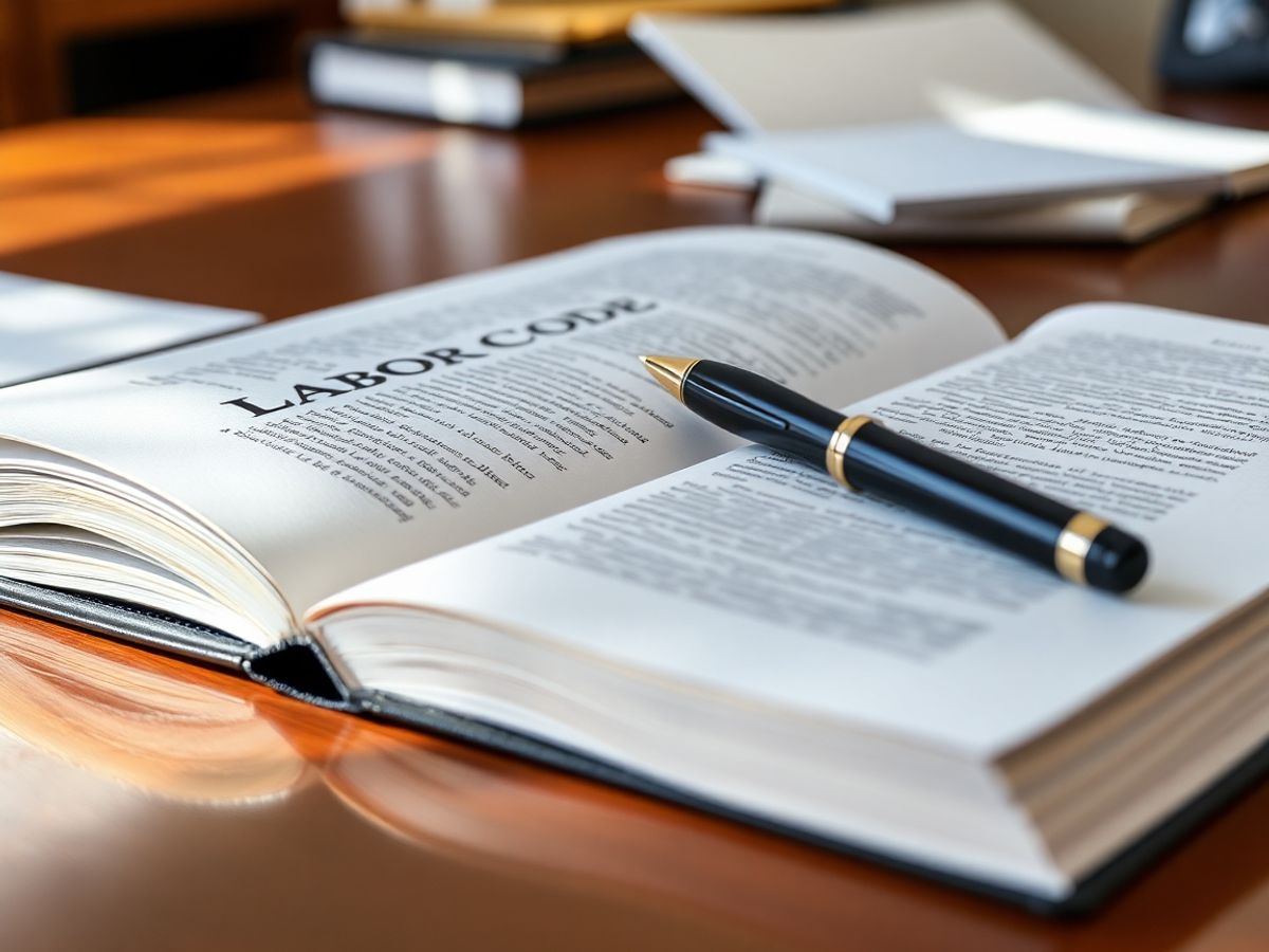 Carte deschisă Codul Muncii cu un stilou