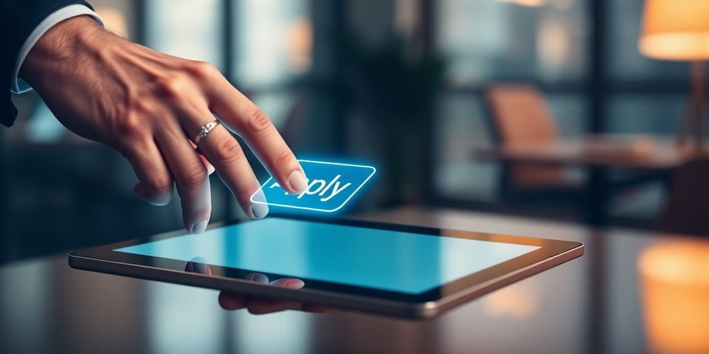 Hand presses button on futuristic tablet.