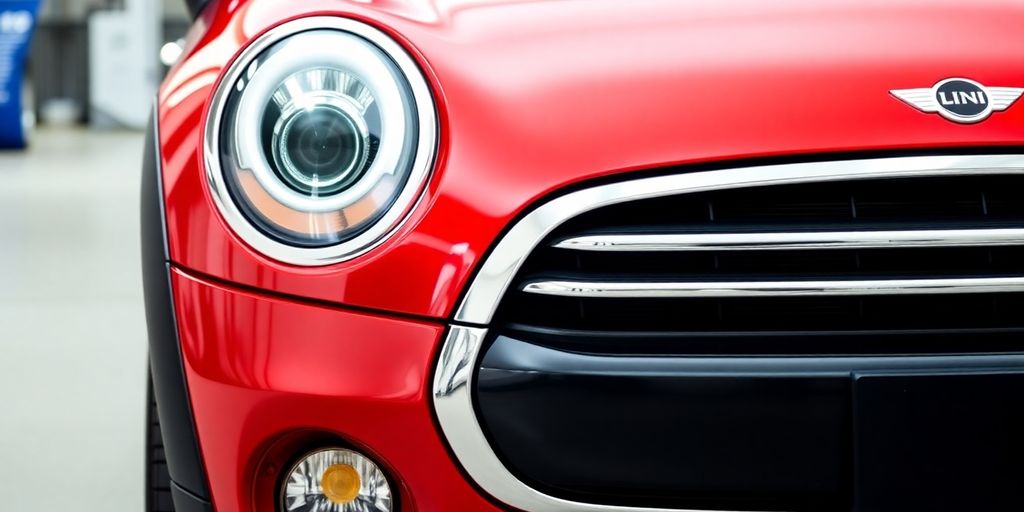 Close-up of a shiny new Mini Cooper grille.