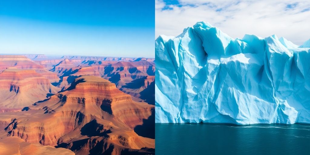 Split aerial view of the Grand Canyon and an Alaskan glacier.