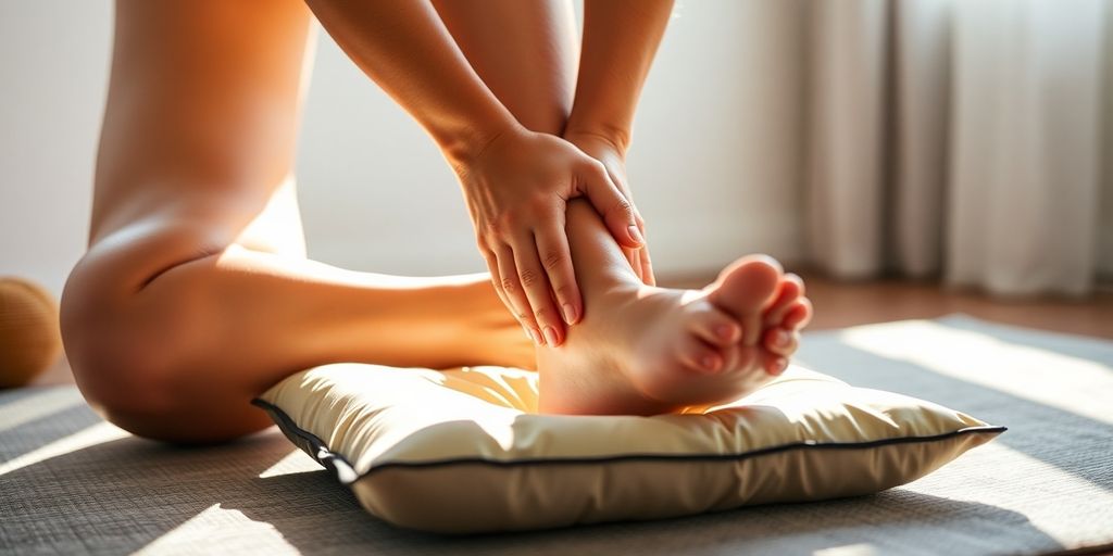Person stretching knee with warm compress.