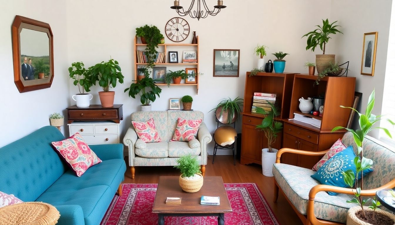 Vintage furniture and plants in a refurbished room.