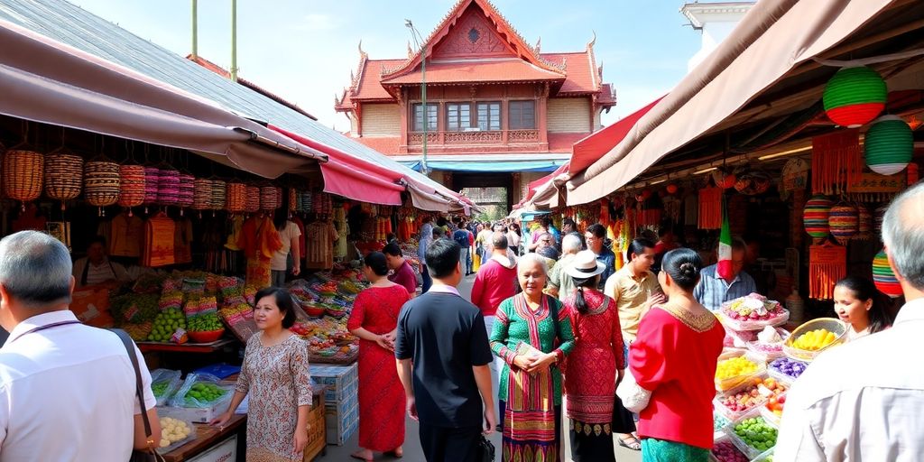 Colorful market in Chiang Mai with local crafts and produce.