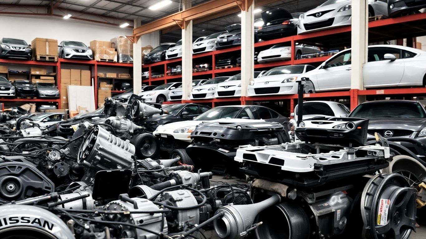 Used Nissan car parts arranged in a warehouse.