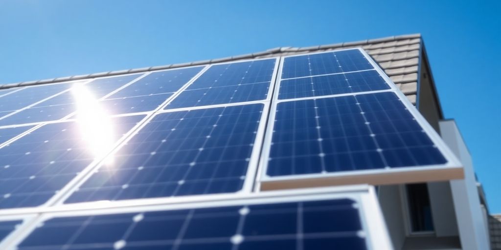 Solar panels on a house roof, sun