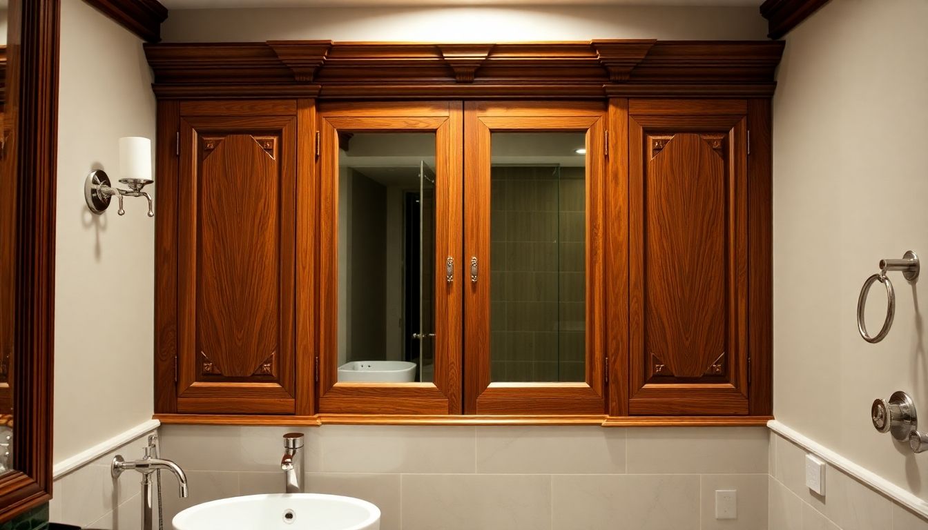 Bespoke wooden bathroom cabinet with elegant fixtures.