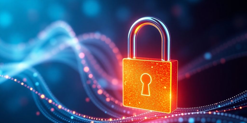 Secure padlock icon and a digital network connection.