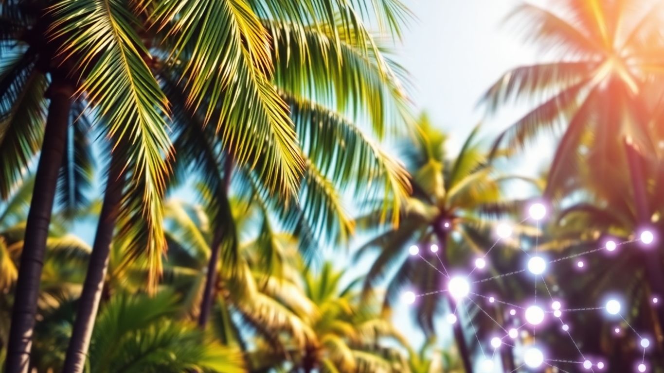 AI brain with palm trees and a serene ocean background.
