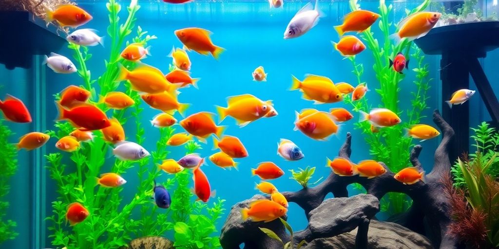 Makukulay na freshwater fish sa isang luntiang aquarium setting.