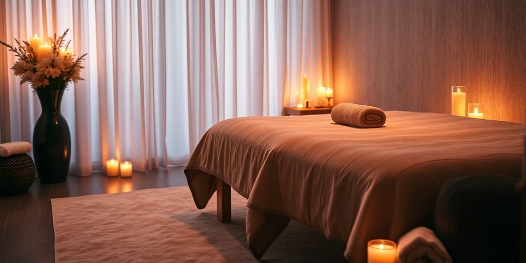 Sakin bir masaj ortamı, mumlar ve yumuşak ışıklar.