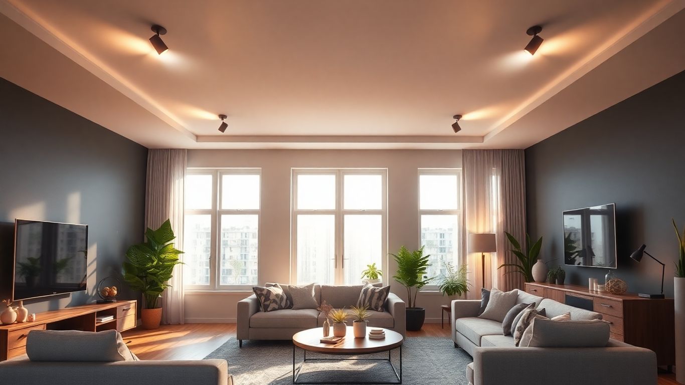Modern living room with smart spotlights and contemporary furniture.
