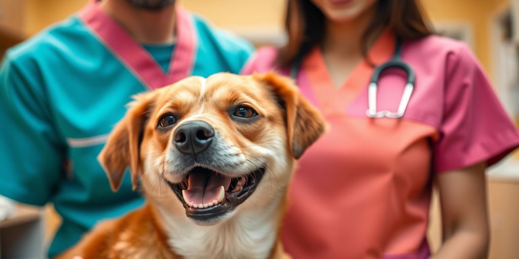 Veterinarian with dog, vibrant branding.