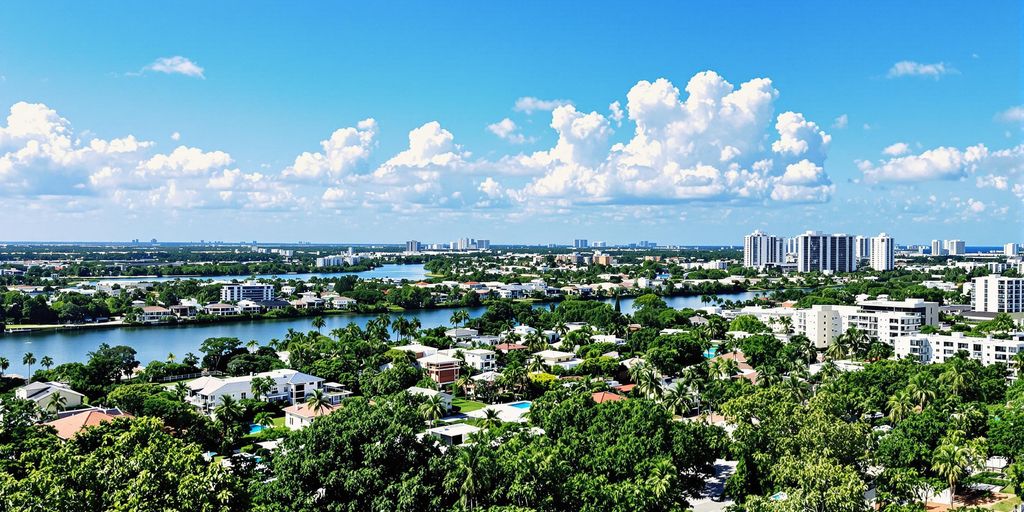 Lush greenery and elegant homes in Aventura, Florida.