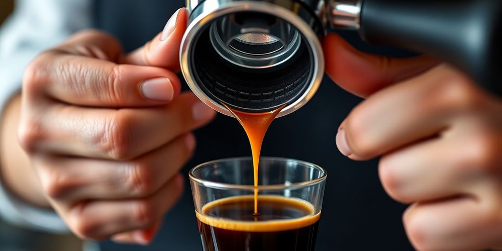 Barista pulls espresso shot, bottomless portafilter.