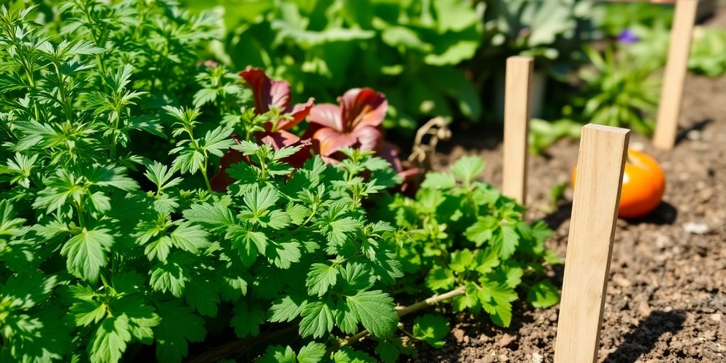 Herbs, vegetables growing in a garden.