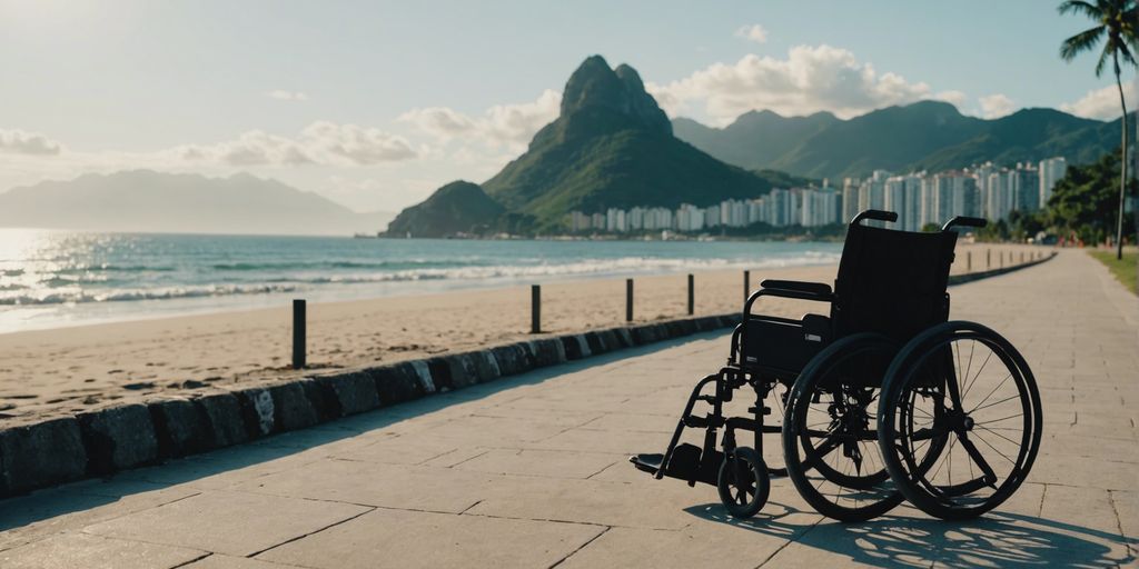 Wheelchair on a beachside pathway in Barra da Tijuca, with ocean and mountains in the background, highlighting rental benefits.