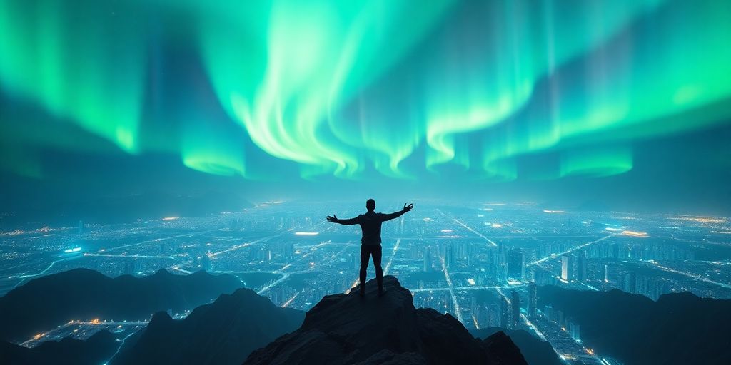 Man standing on mountain peak, digital city below.