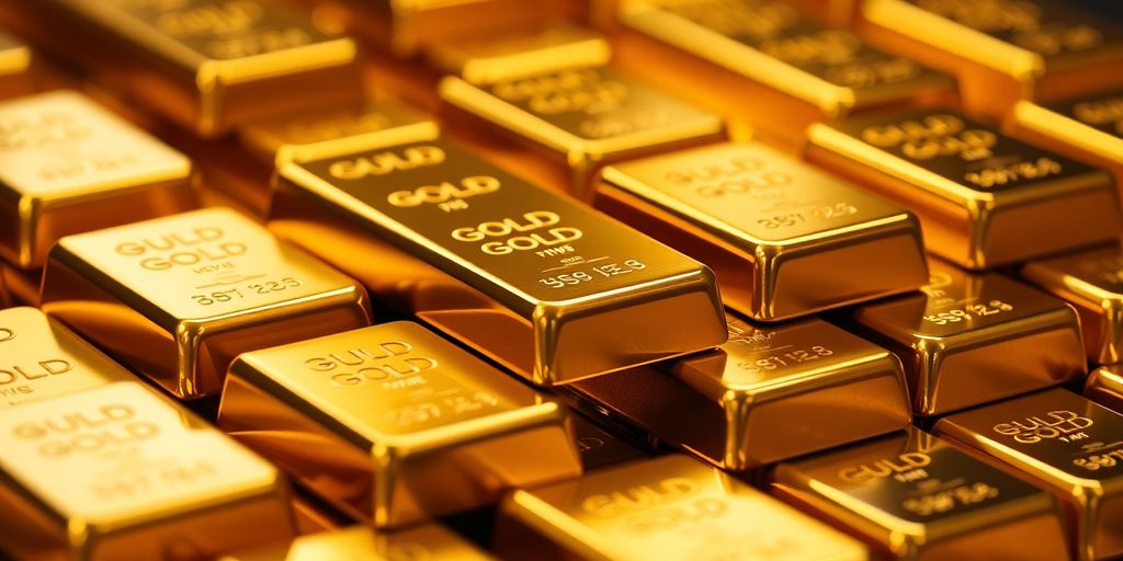 Bâtons d'or empilés sur un fond flou.