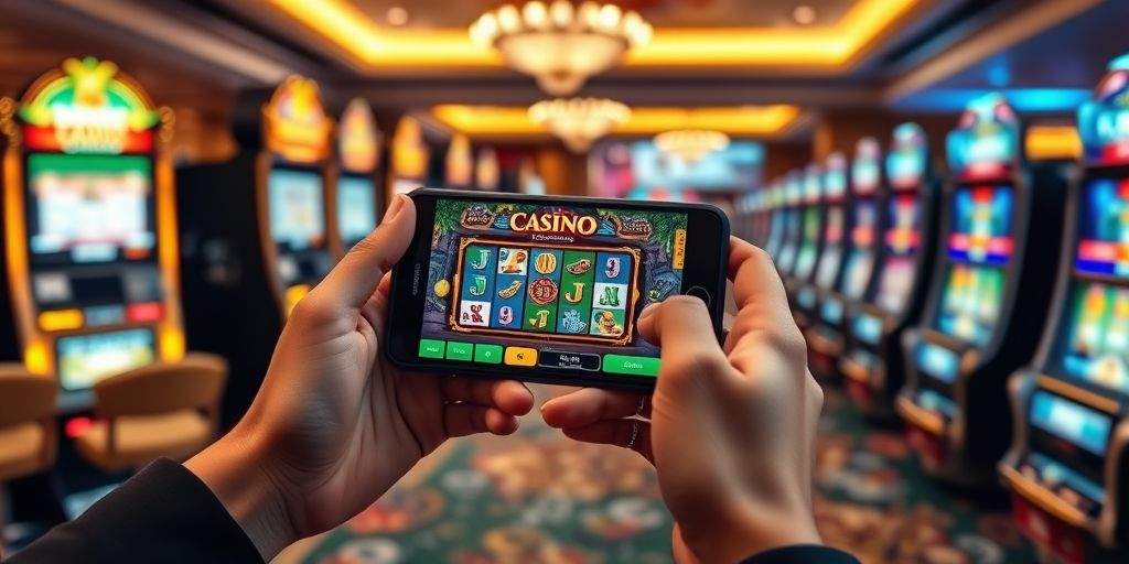 Smartphone with casino game next to a stack of chips.