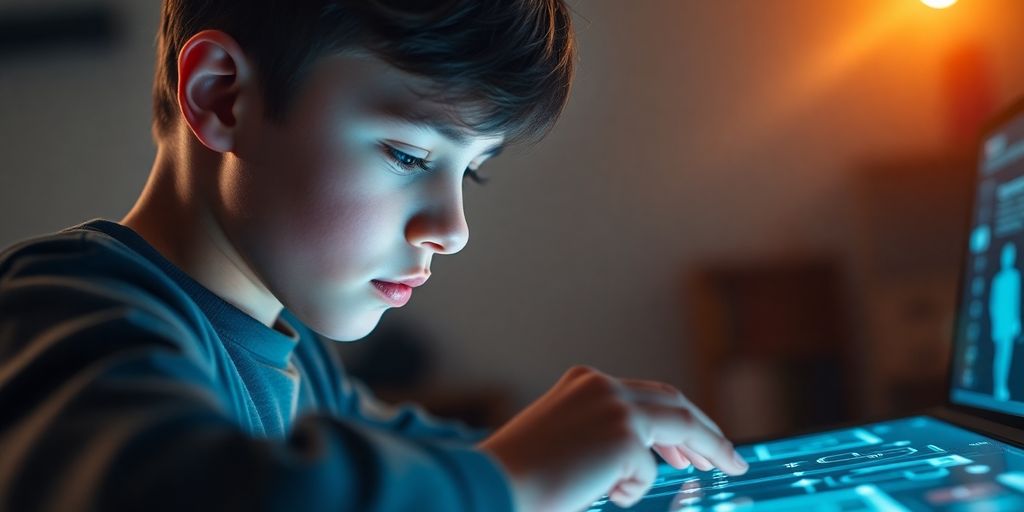 Student working with glowing digital interface.