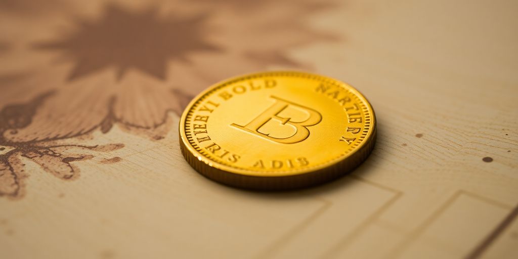 Une pièce d'or ancienne posée sur un fond flou.
