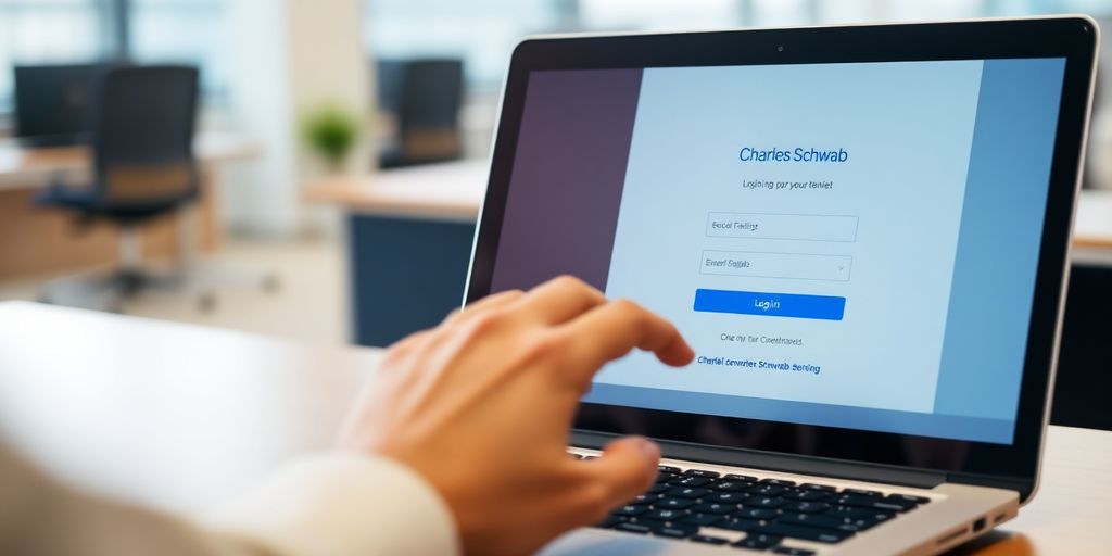 Laptop login screen for Charles Schwab workplace access.