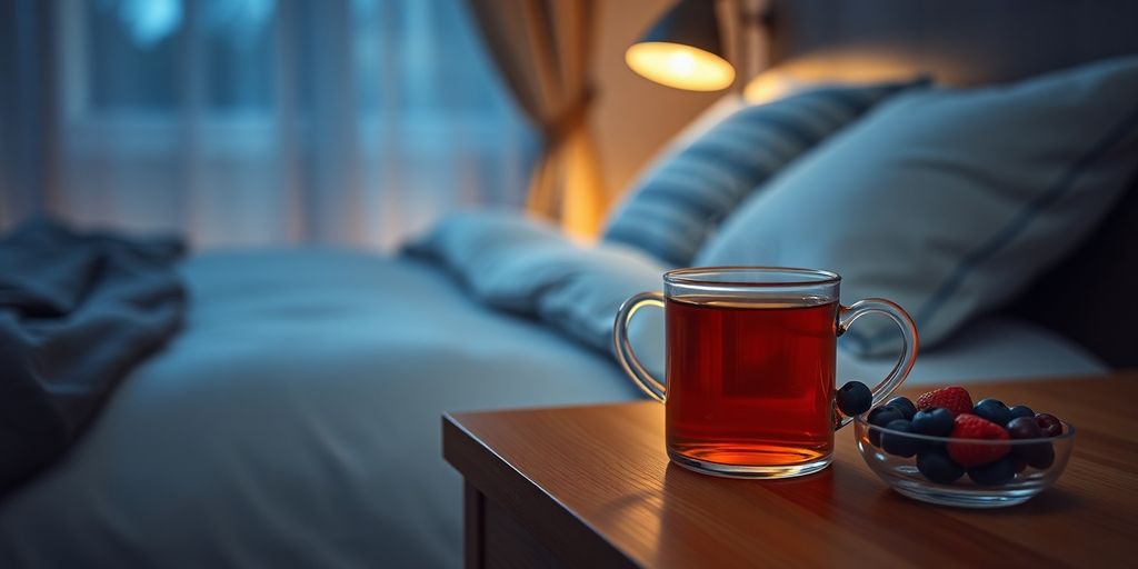 A cozy bedroom scene with a bedside table holding a soothing herbal tea.
