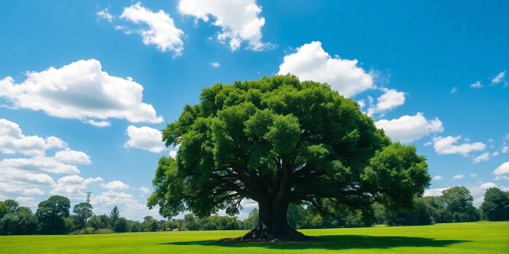 Oak tree with deep roots in a lush, green field.